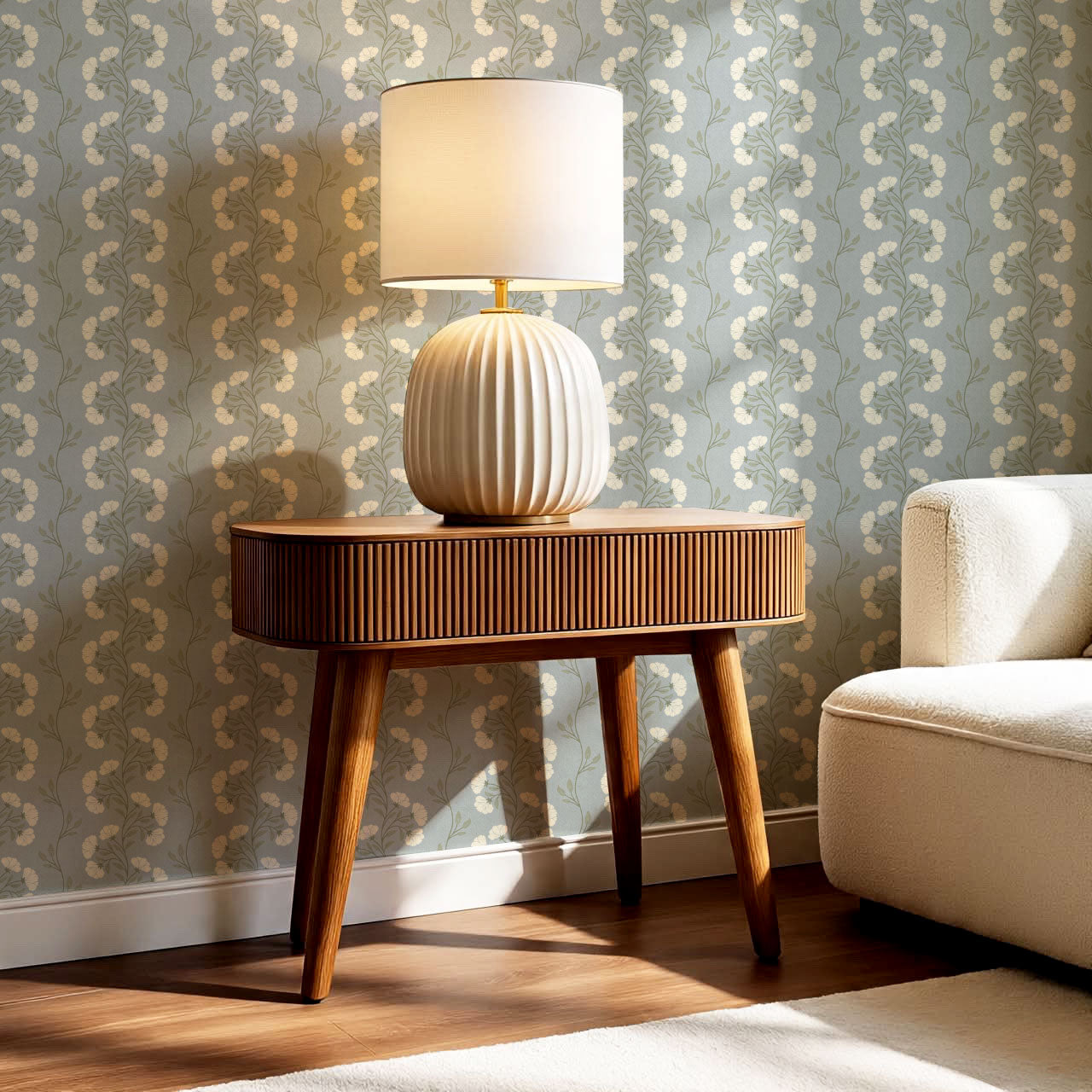 Allegra Floral Vertical Vines Silver Sand Wallpaper