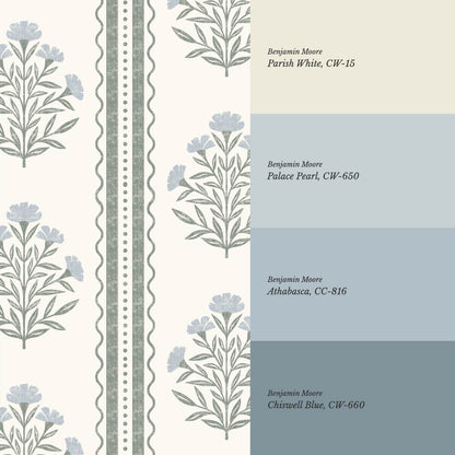 Adalynn Country Cottage Blooming Stripes Sage Sky Wallpaper
