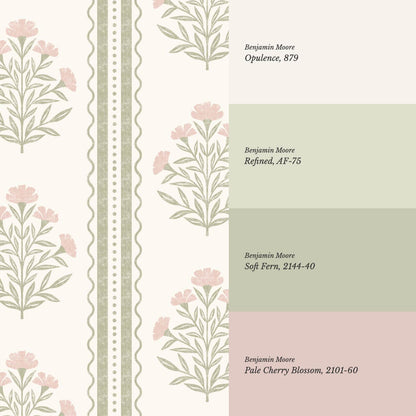 Adalynn Country Cottage Blooming Stripes Sage Pink Wallpaper