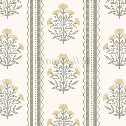 Adalynn Country Cottage Blooming Stripes Butter Gold Wallpaper