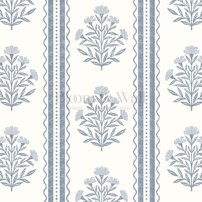 Adalynn Country Cottage Blooming Stripes Blue Cream Wallpaper