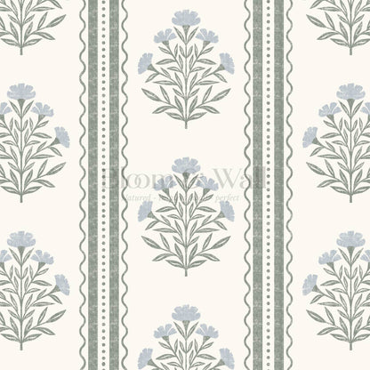 Adalynn Country Cottage Blooming Stripes Sage Sky Wallpaper