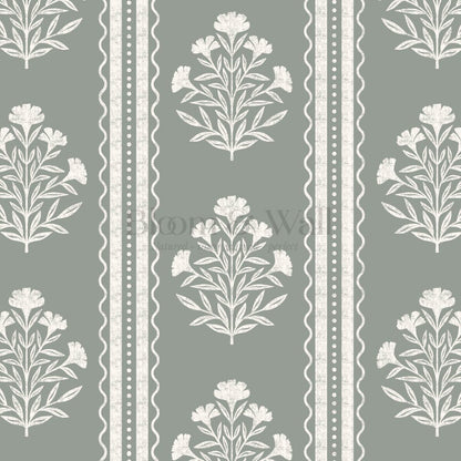 Adalynn Country Cottage Blooming Stripes Sage Wallpaper