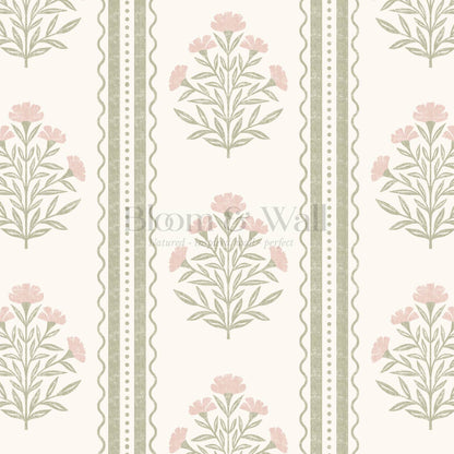 Adalynn Country Cottage Blooming Stripes Sage Pink Wallpaper