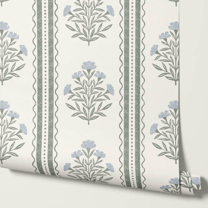 Adalynn Country Cottage Blooming Stripes Sage Sky Wallpaper