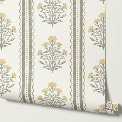 Adalynn Country Cottage Blooming Stripes Butter Gold Wallpaper
