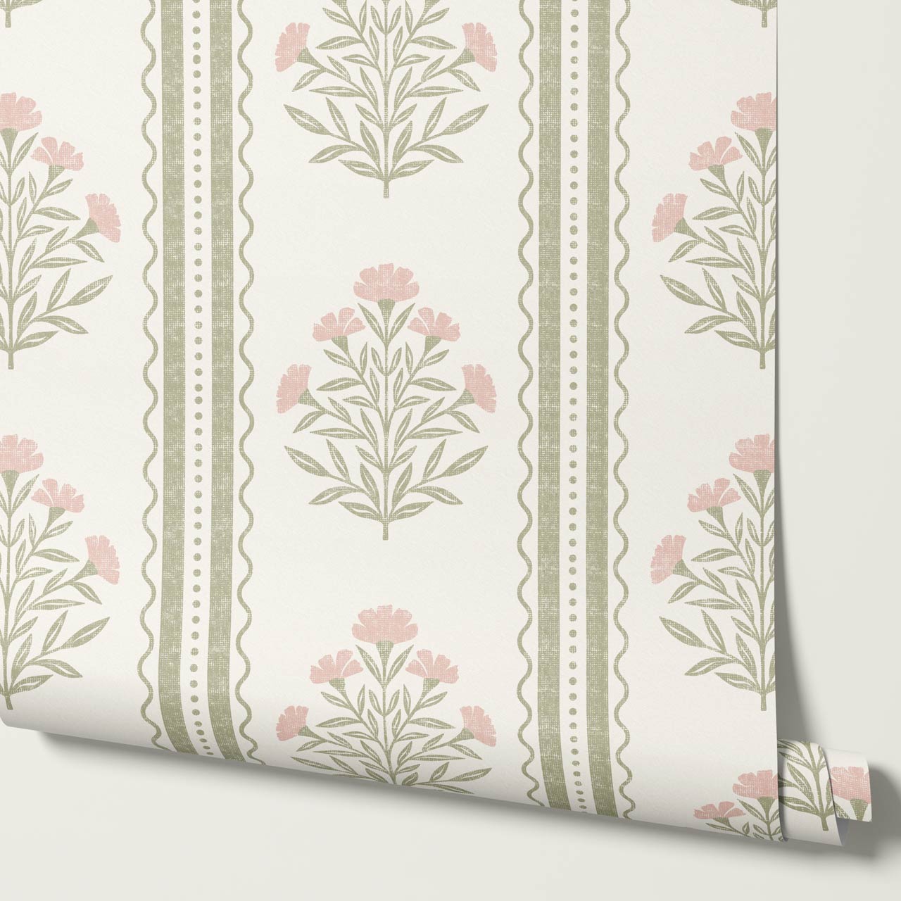 Adalynn Country Cottage Blooming Stripes Sage Pink Wallpaper