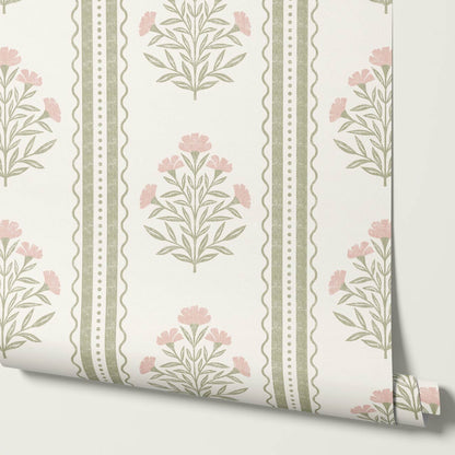Adalynn Country Cottage Blooming Stripes Sage Pink Wallpaper