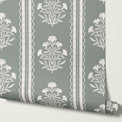 Adalynn Country Cottage Blooming Stripes Sage Wallpaper