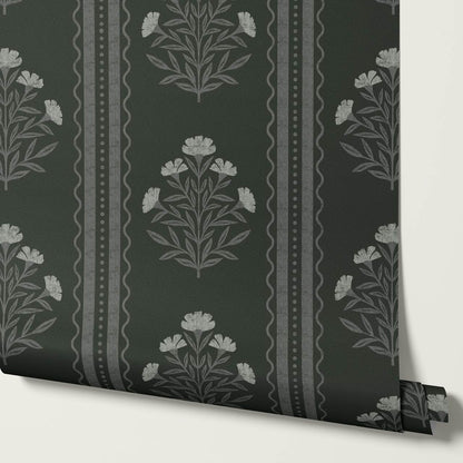 Adalynn Country Cottage Blooming Stripes Moody Green Wallpaper