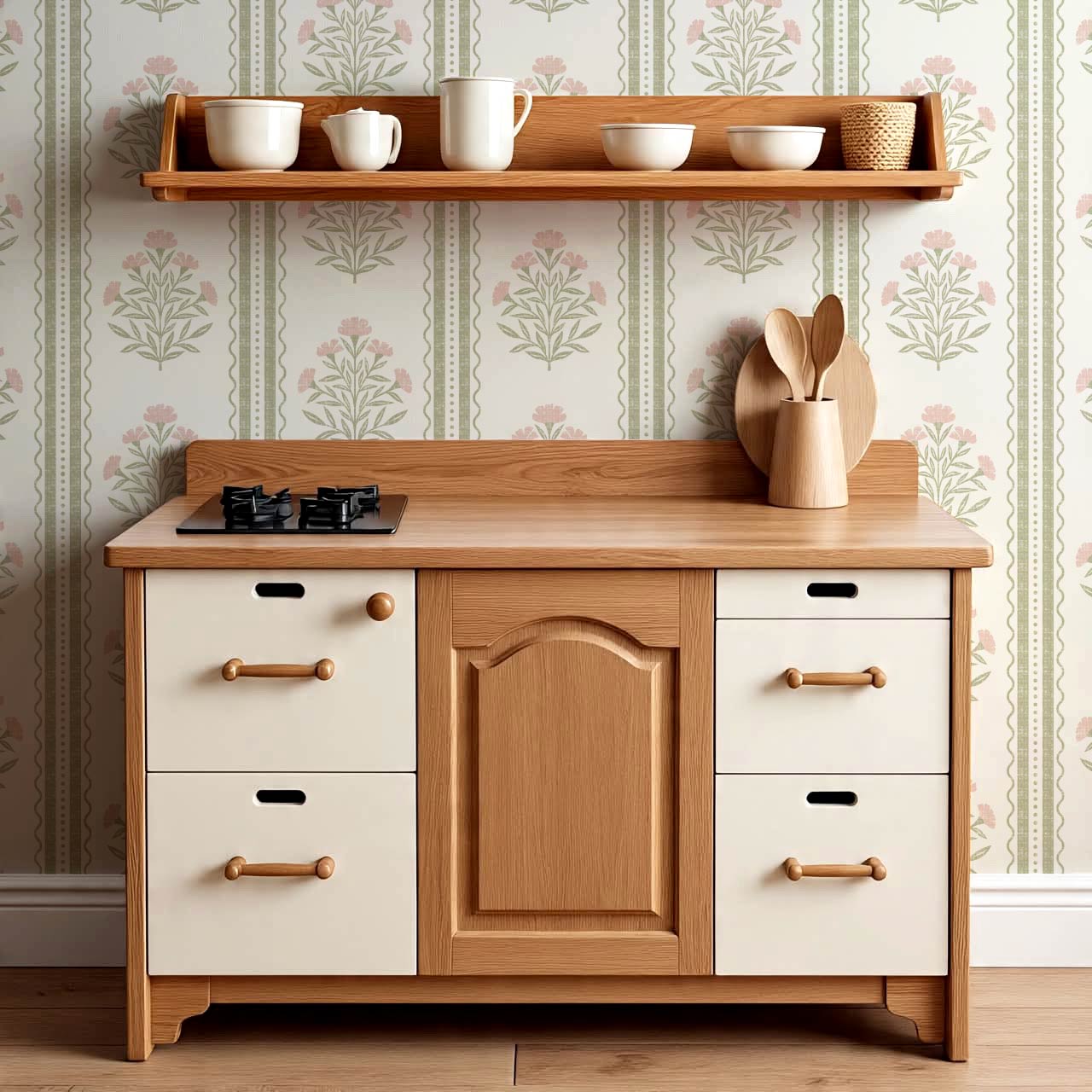 Adalynn Country Cottage Blooming Stripes Sage Pink Wallpaper