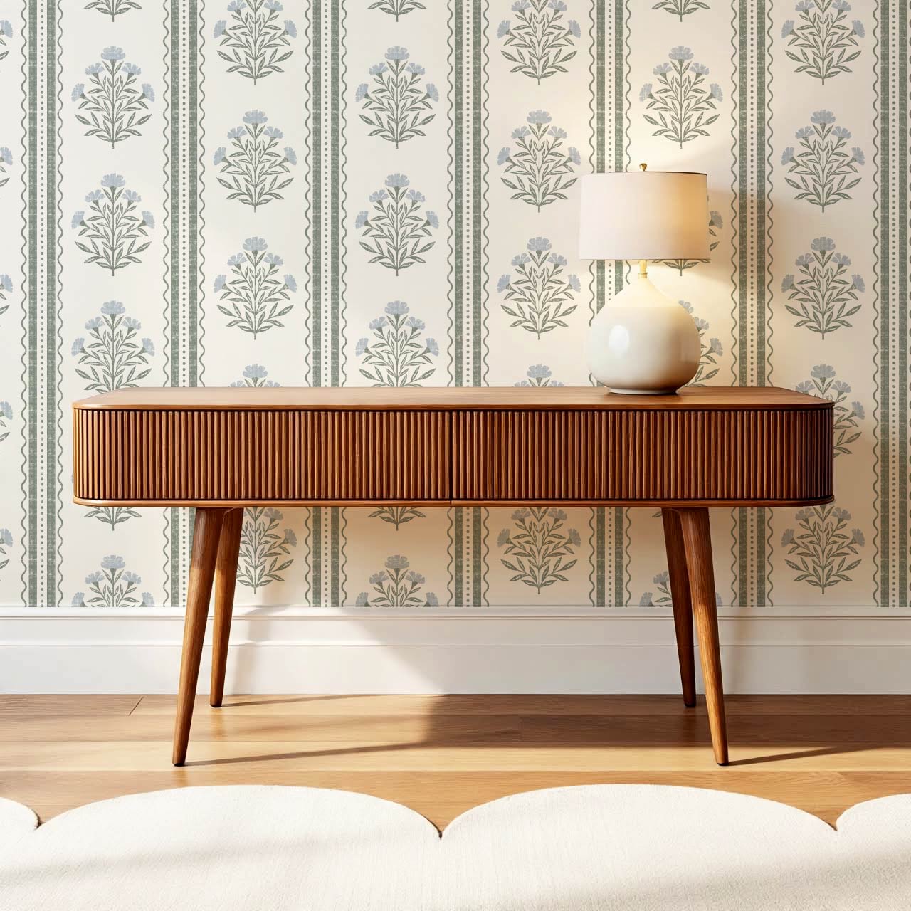 Adalynn Country Cottage Blooming Stripes Sage Sky Wallpaper