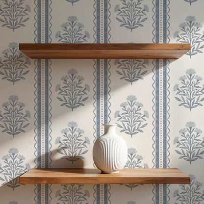 Adalynn Country Cottage Blooming Stripes Blue Cream Wallpaper