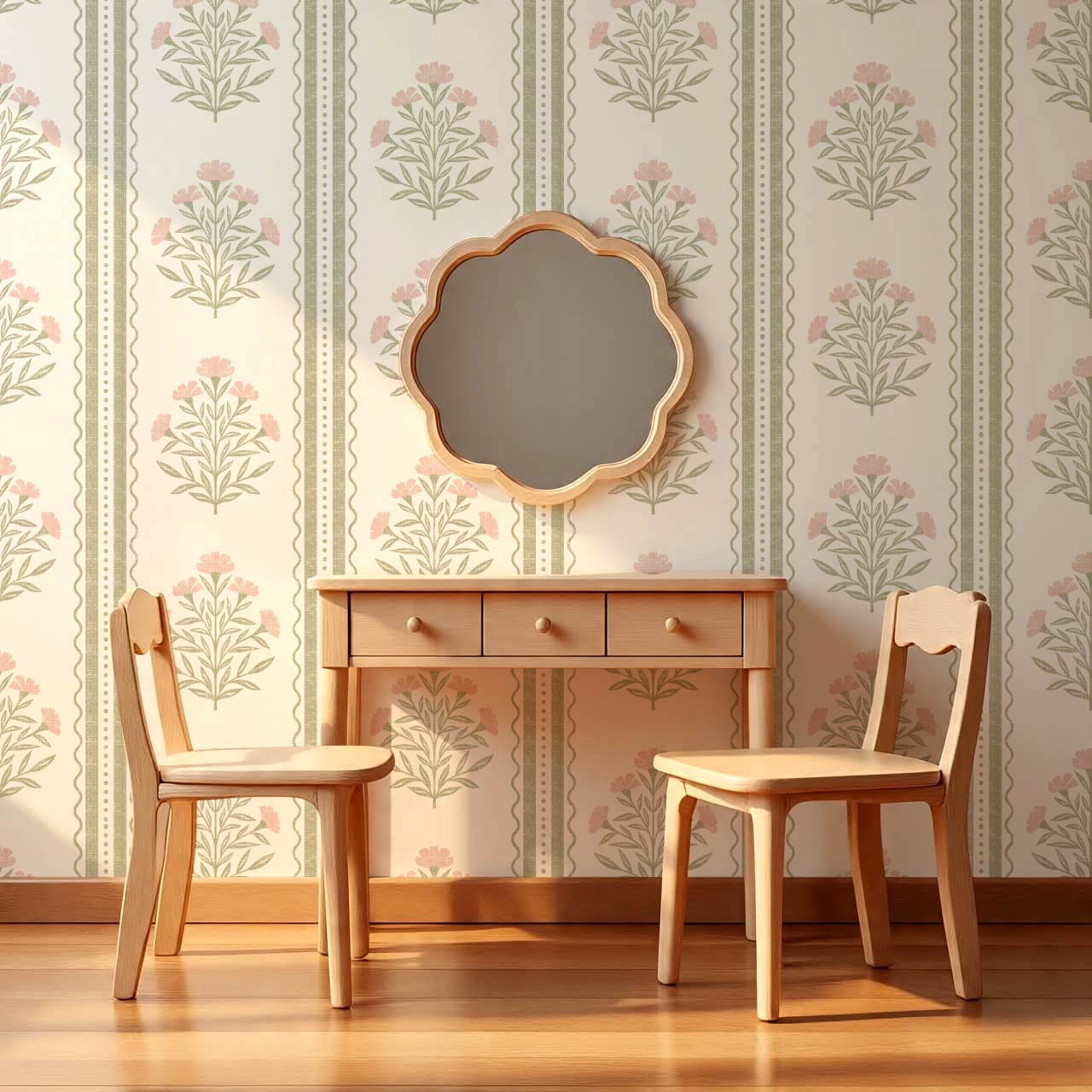 Adalynn Country Cottage Blooming Stripes Sage Pink Wallpaper