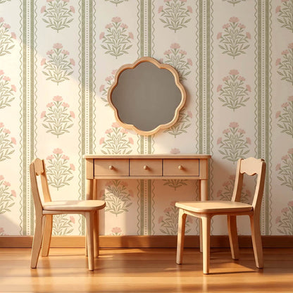 Adalynn Country Cottage Blooming Stripes Sage Pink Wallpaper