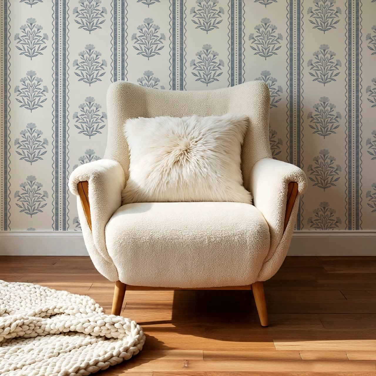 Adalynn Country Cottage Blooming Stripes Blue Cream Wallpaper