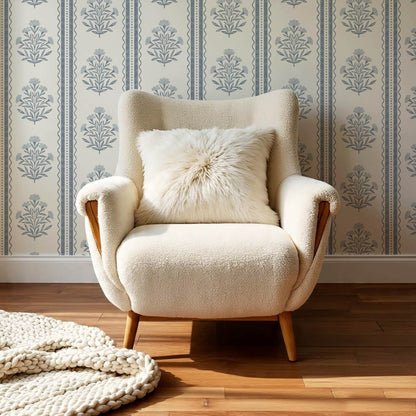 Adalynn Country Cottage Blooming Stripes Blue Cream Wallpaper