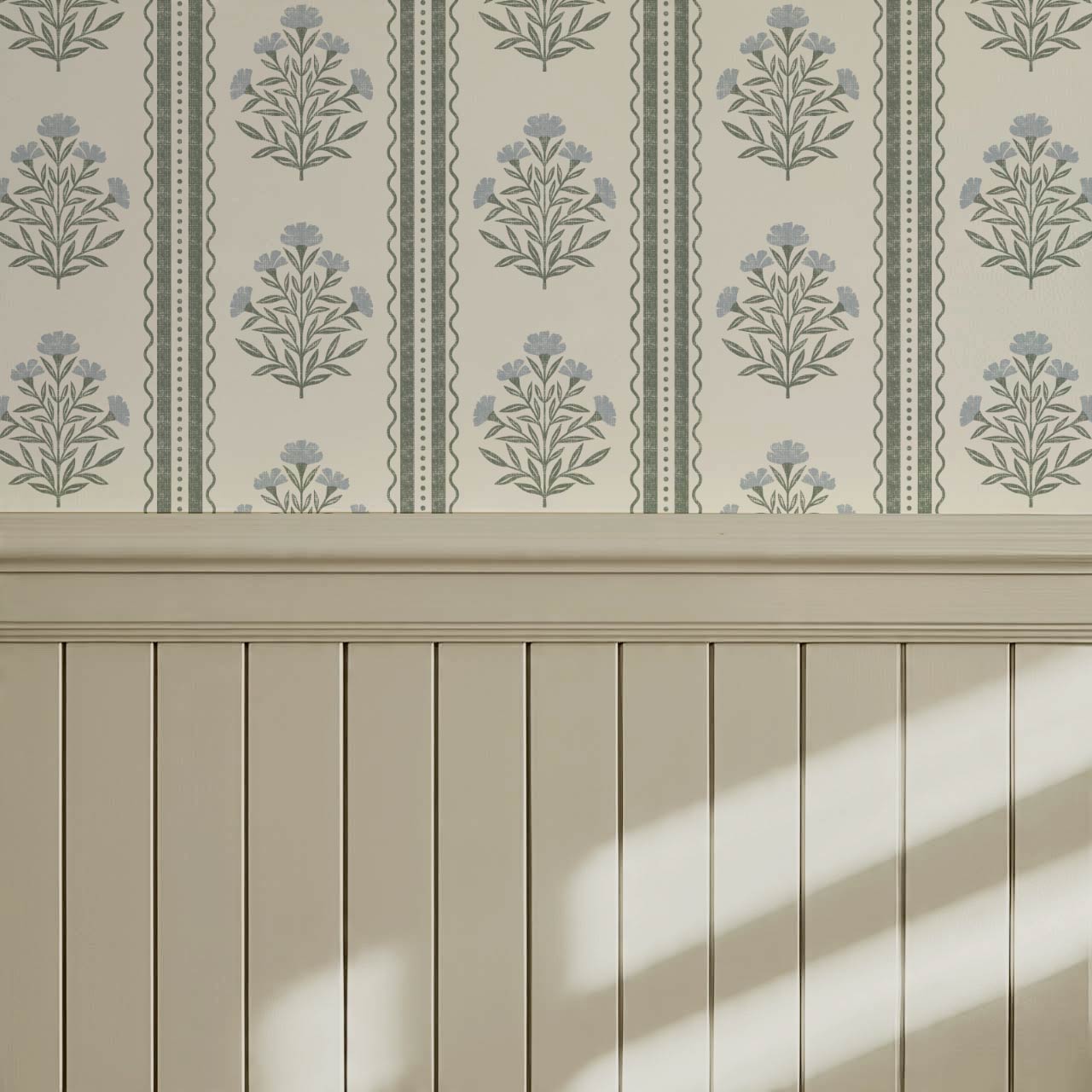 Adalynn Country Cottage Blooming Stripes Sage Sky Wallpaper