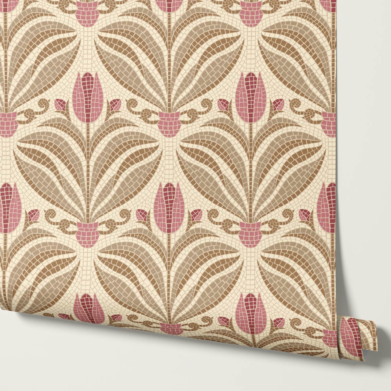 Adia Tulip Mosaic Pink Brown Wallpaper