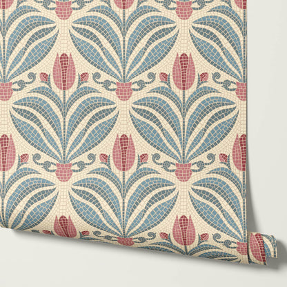 Adia Tulip Mosaic Pink Blue Wallpaper