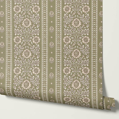Aprajita Vertical Bloom Olive Green Wallpaper