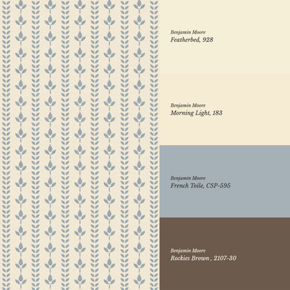 Agnes Cream Large French Blue Leaf Stripes Wallpaper