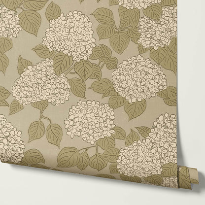 Jeny Vintage Hydrangea Antique Olive Wallpaper