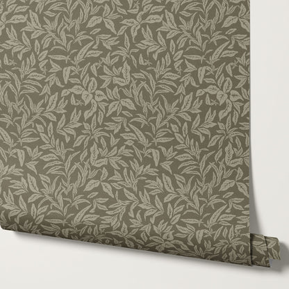 Adelaide Deep Olive Botanical Leaves Wallpaper