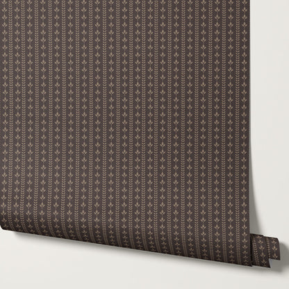 Agnes Dark Truffle Brown Leaf Stripes Wallpaper