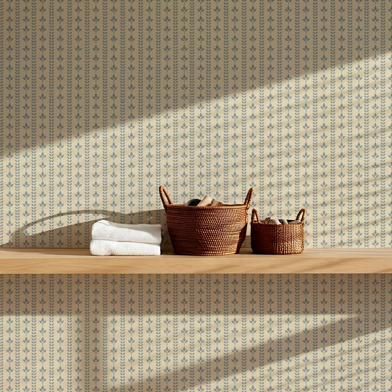 Agnes Cream French Blue Leaf Stripes Wallpaper