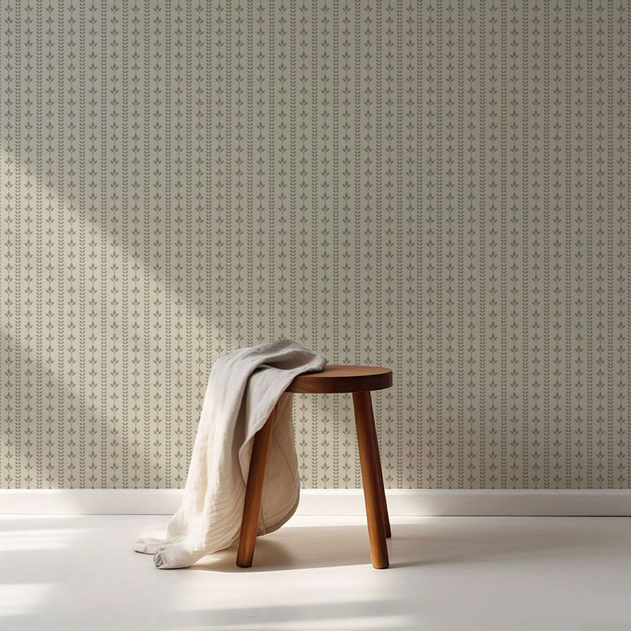 Agnes Stone Green Leaf Stripes Wallpaper