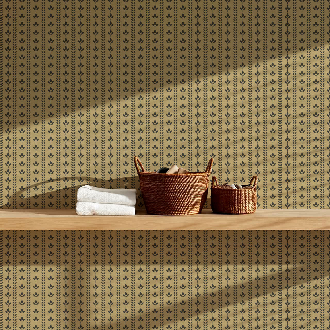 Agnes Mustard Green Leaf Stripes Wallpaper