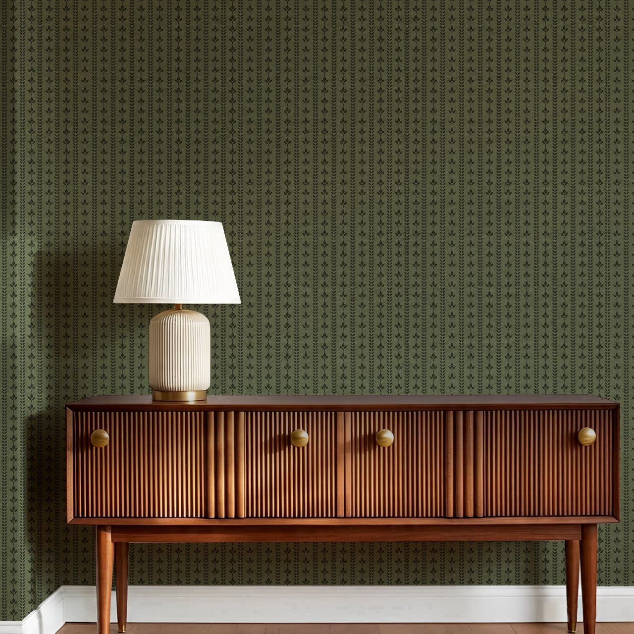 Agnes Forest Green Leaf Stripes Wallpaper