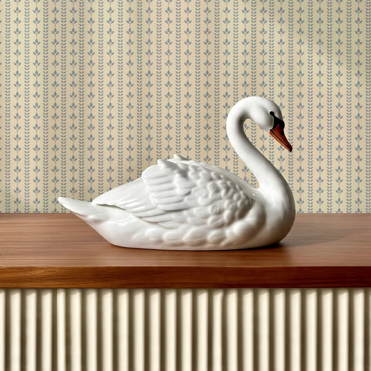 Agnes Cream French Blue Leaf Stripes Wallpaper