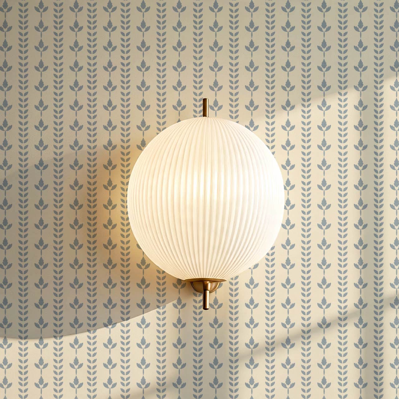Agnes Cream Large French Blue Leaf Stripes Wallpaper