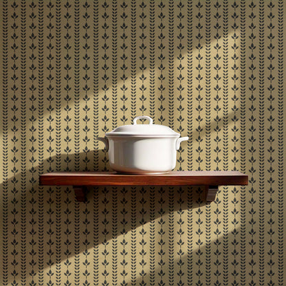 Agnes Mustard Green Leaf Stripes Wallpaper