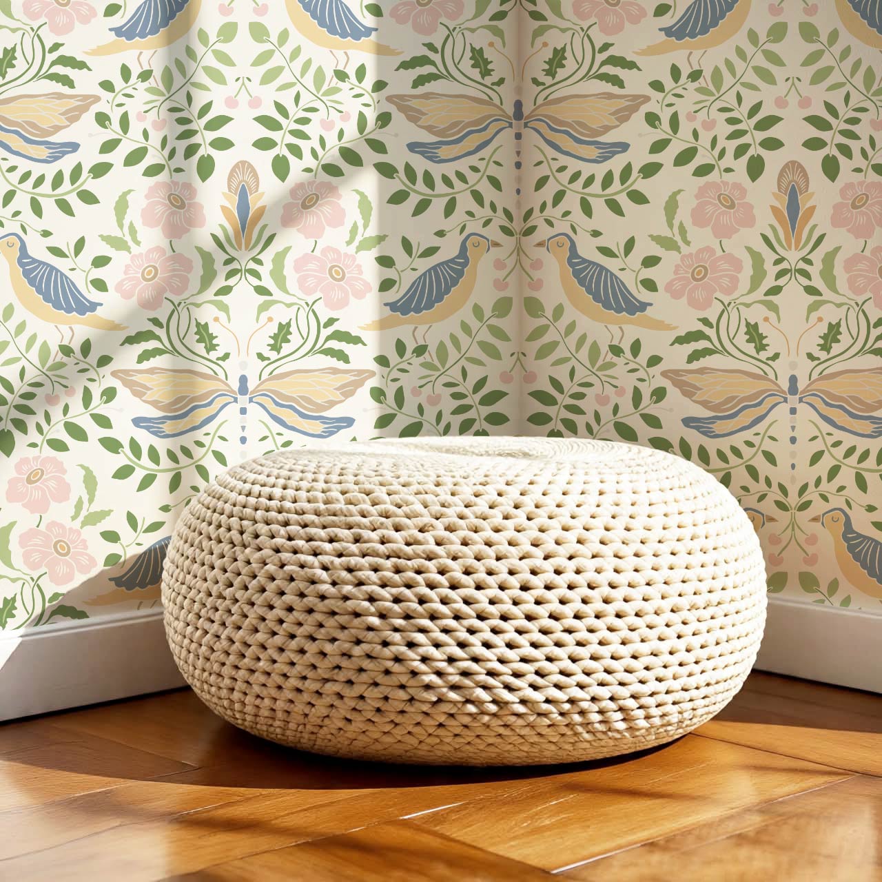 Aisha Puffins and Cherry Sky Pink Wallpaper