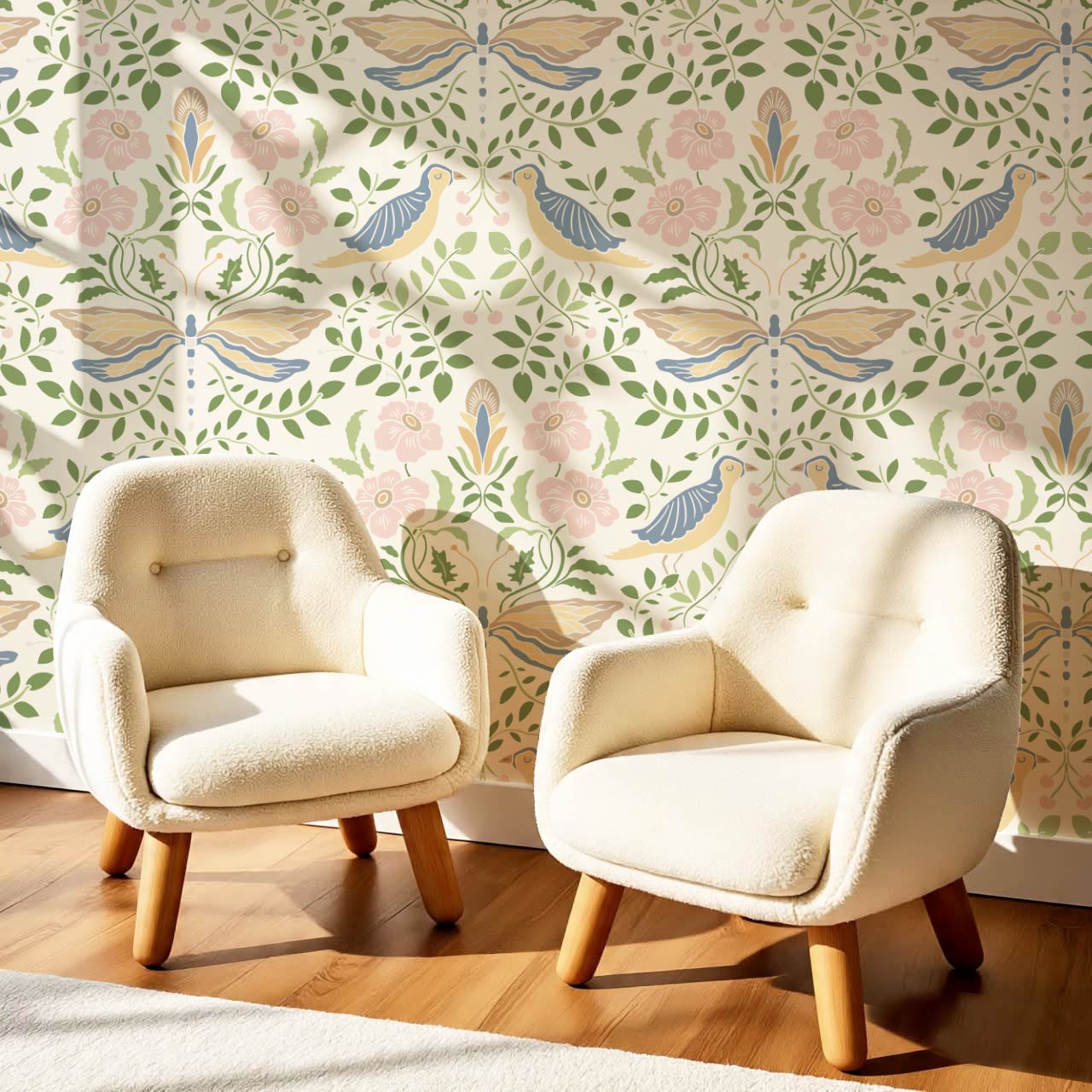 Aisha Puffins and Cherry Sky Pink Wallpaper