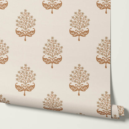 Alazne Jasmine Block Print Stone Brown Wallpaper