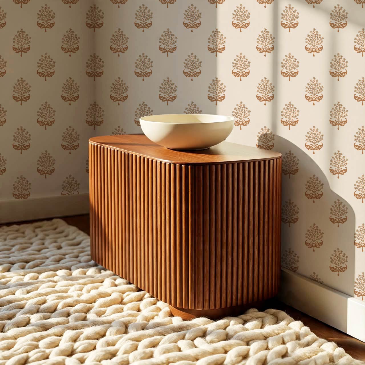 Alazne Jasmine Block Print Stone Brown Wallpaper