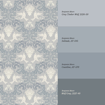 Alessandra Grape Damask Dove Gray Wallpaper