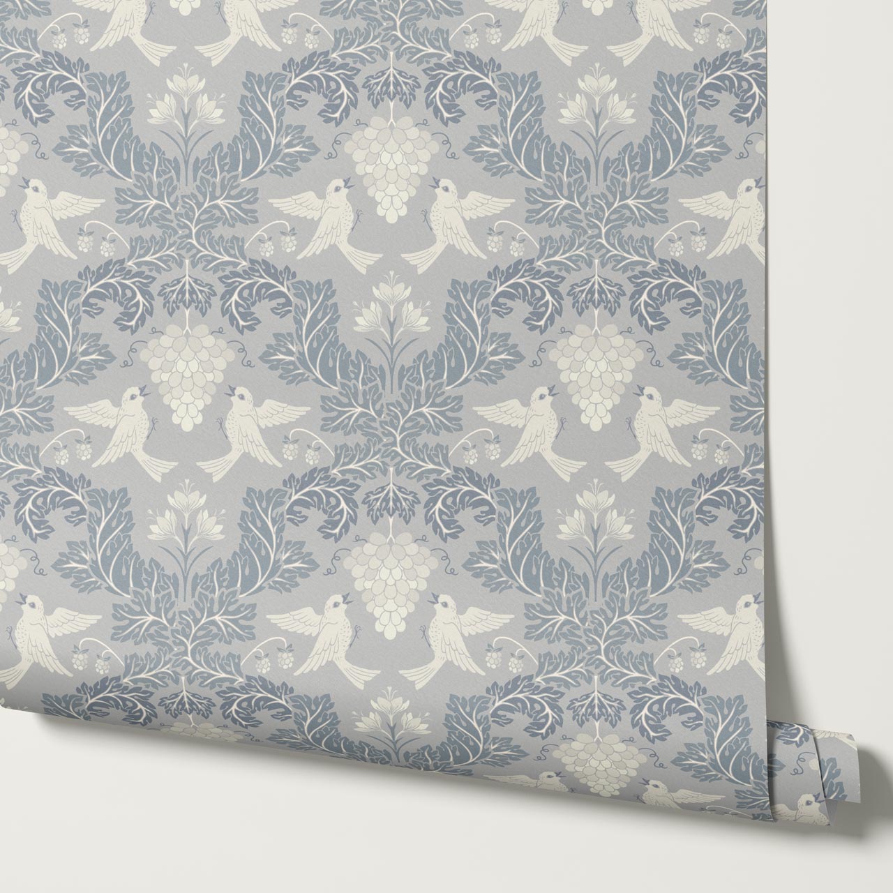 Alessandra Grape Damask Dove Gray Wallpaper