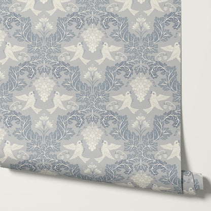 Alessandra Grape Damask Dove Gray Wallpaper
