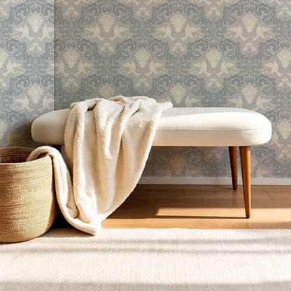 Alessandra Grape Damask Dove Gray Wallpaper