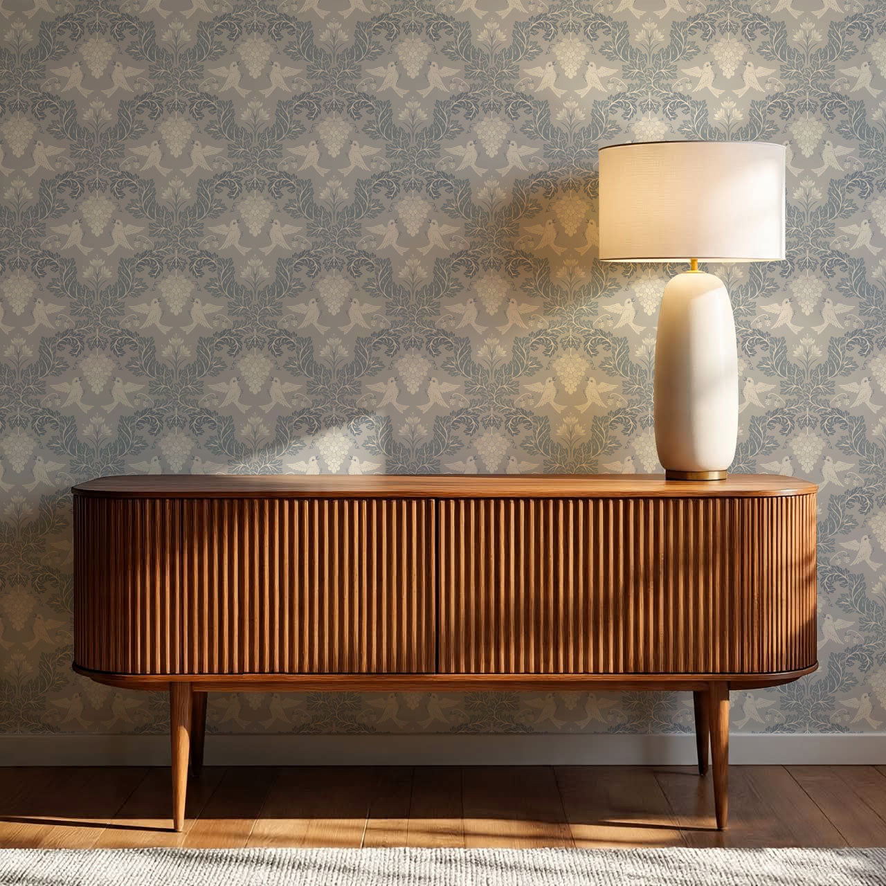 Alessandra Grape Damask Dove Gray Wallpaper