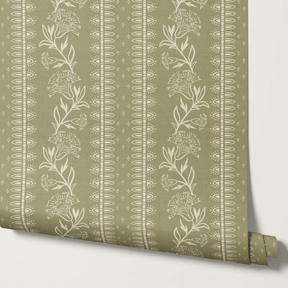 Aletta Trailing Carnations Sage Green Wallpaper
