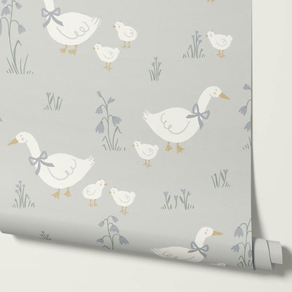 Alexandrine Duck Spring Meadows Sea Salt Wallpaper