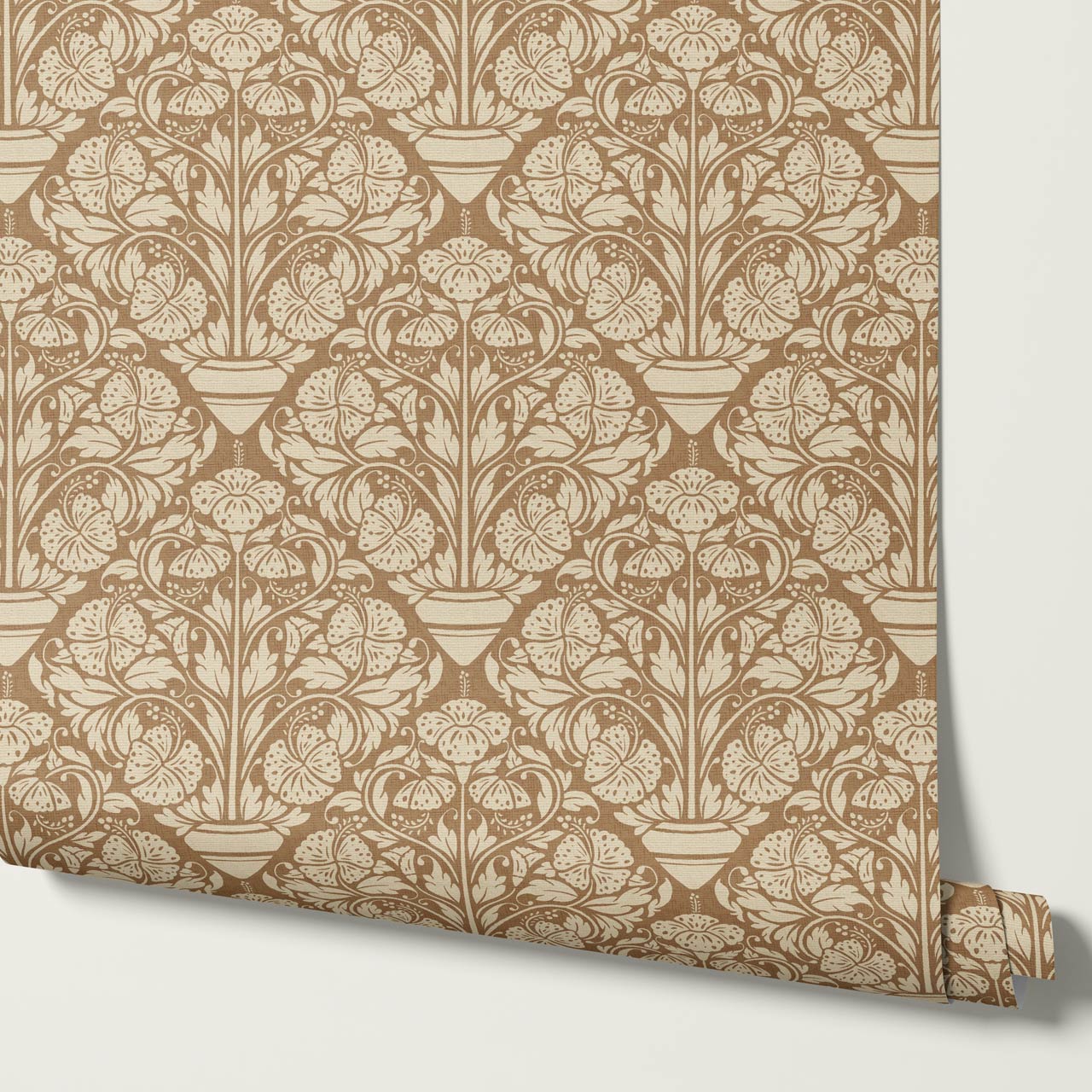 Alohi Hibiscus Block Print Camel Brown Wallpaper