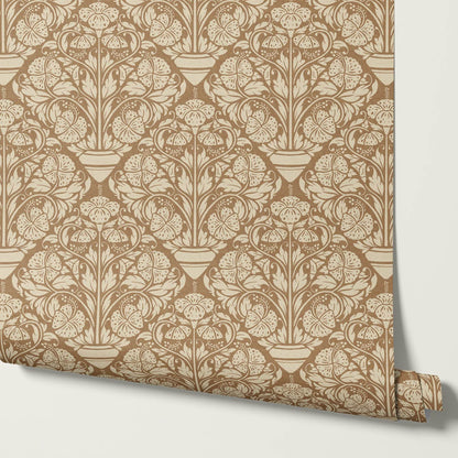 Alohi Hibiscus Block Print Camel Brown Wallpaper
