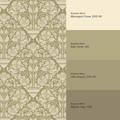 Alohi Hibiscus Block Print Sage Green Wallpaper